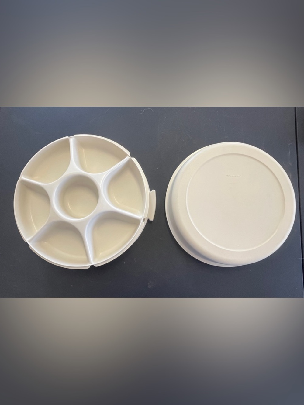 Vintage Tupperware Beige Plastic 6-Compartment Round Serving Tray with Lid